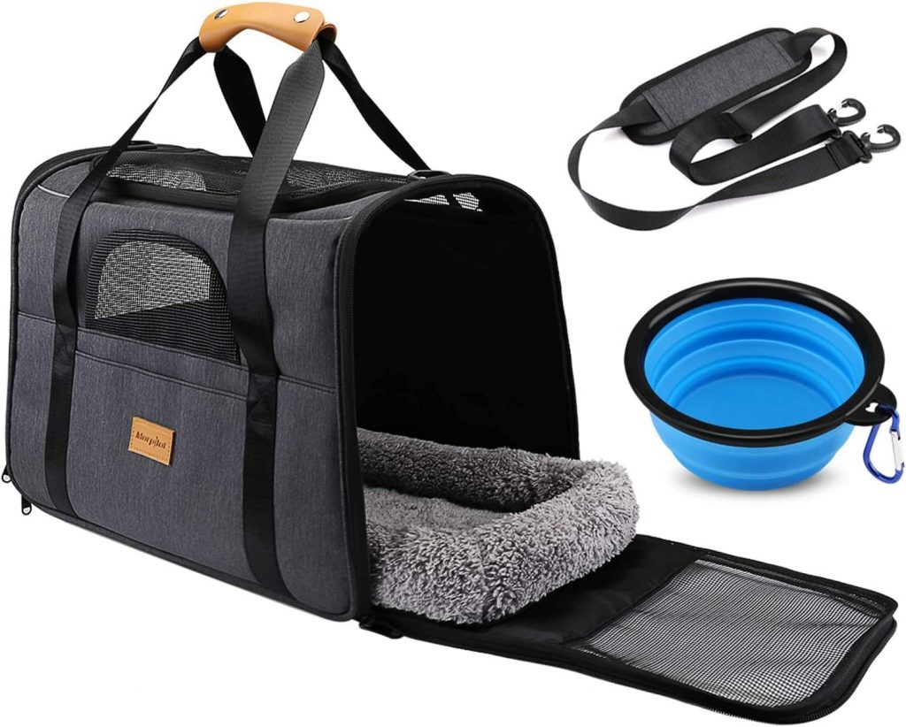 Sac Transport Chat, minou, félin et matou Caisse de Transport Chat Respirant et Pliable Cage Transport Chat avec Matelas en Peluche Amovible + Bol