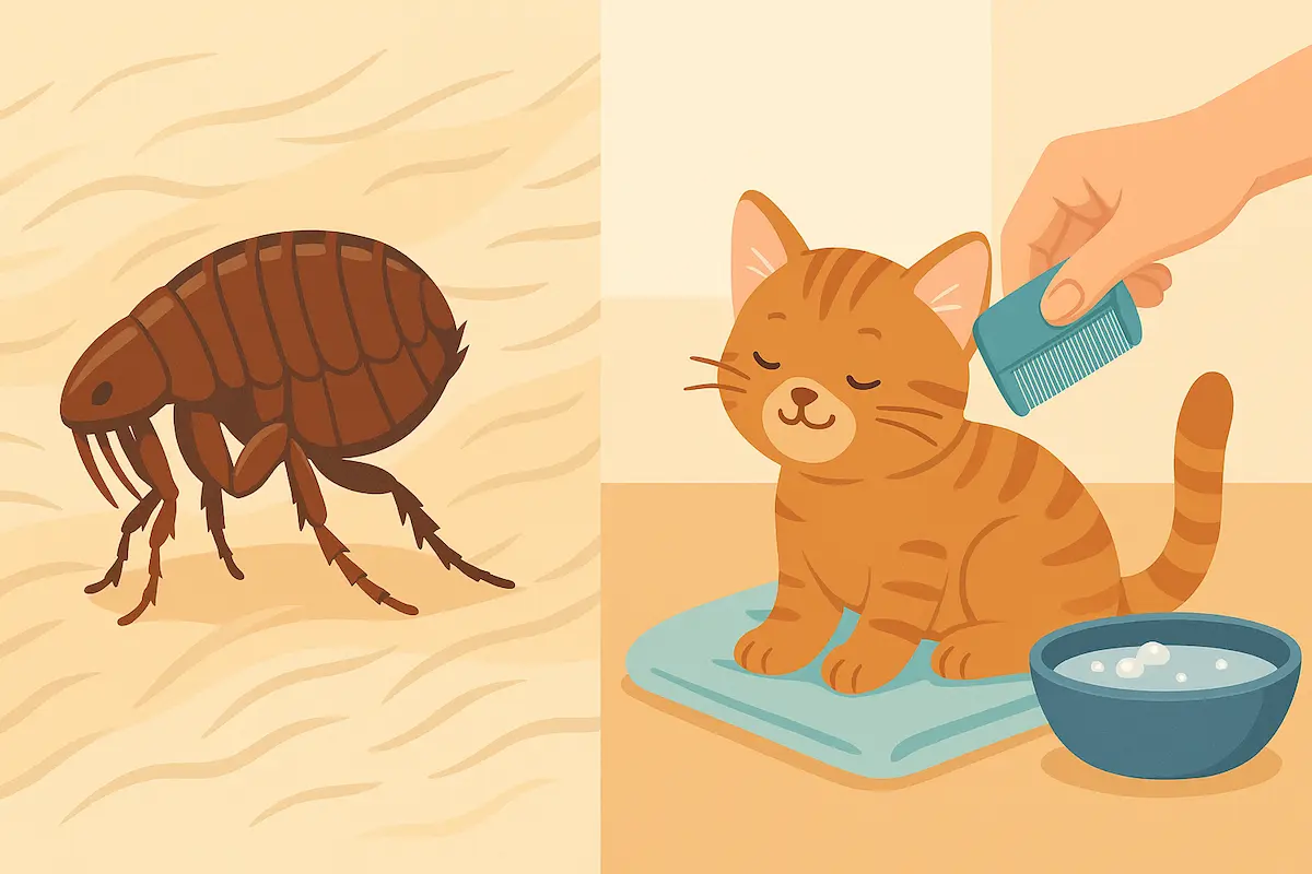 Cette illustration montre, à gauche, un gros plan d'une puce, parasite fréquent chez les chats, et à droite, un chat roux assis sereinement pendant qu'une main humaine utilise un peigne anti-puces à ses côtés, avec un bol d'eau savonneuse. L'image illustre parfaitement les étapes simples pour traiter et prévenir les infestations de puces chez les félins, tout en soulignant l'importance de l'hygiène et du bien-être animal.