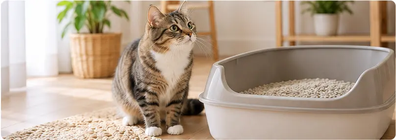 Chat près de sa litière - Le Royaume des Chats